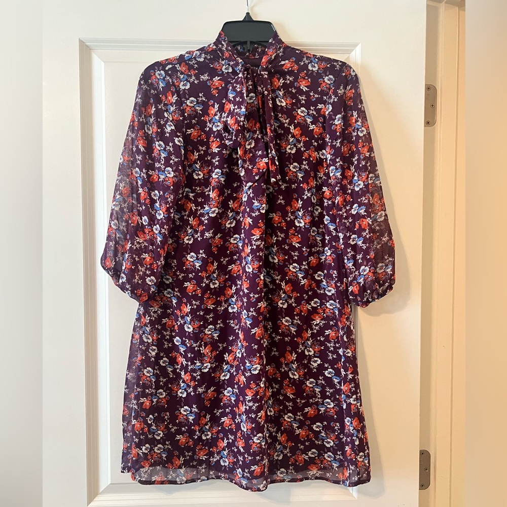 As U Wish Dress Sz Small Plum Scarf Neck Tie Fully Lined Long Sleeve Shift Dress